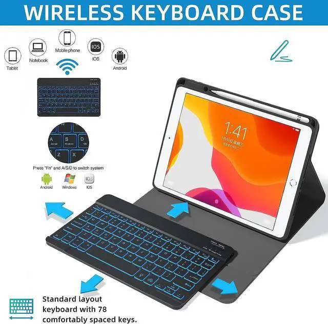 Alt view image 3 of 7 - Keyboard Case For iPad 10.2 inch 9th 8th 7th 2021/2020/2019, iPad Pro 10.5 inch/iPad Air 3 10.5, Backlit 7 Colors Wireless Detachable Keyboard with Protective Cover with Pen Holder