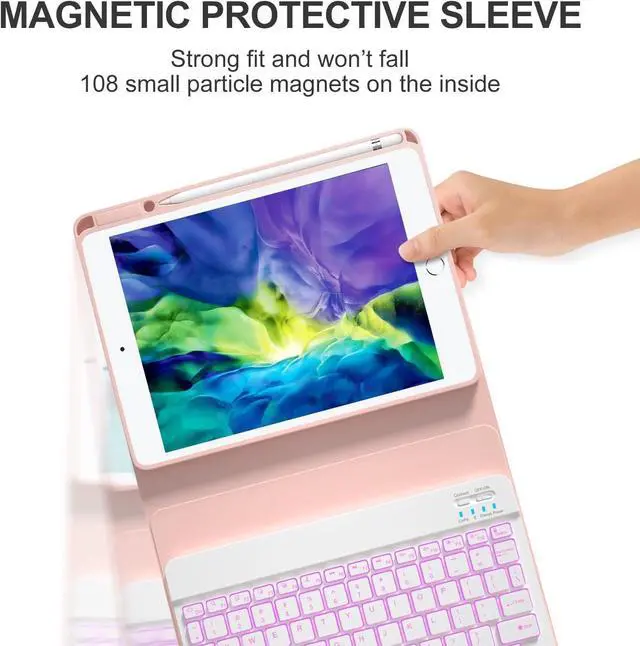 Alt view image 4 of 7 - Keyboard Case For iPad 10.2 inch 9th 8th 7th 2021/2020/2019, iPad Pro 10.5 inch/iPad Air 3 10.5, Backlit 7 Colors Wireless Detachable Keyboard with Protective Cover with Pen Holder Pink