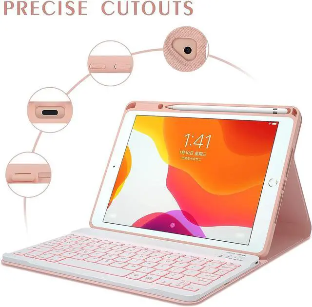 Alt view image 5 of 7 - Keyboard Case For iPad 10.2 inch 9th 8th 7th 2021/2020/2019, iPad Pro 10.5 inch/iPad Air 3 10.5, Backlit 7 Colors Wireless Detachable Keyboard with Protective Cover with Pen Holder Pink