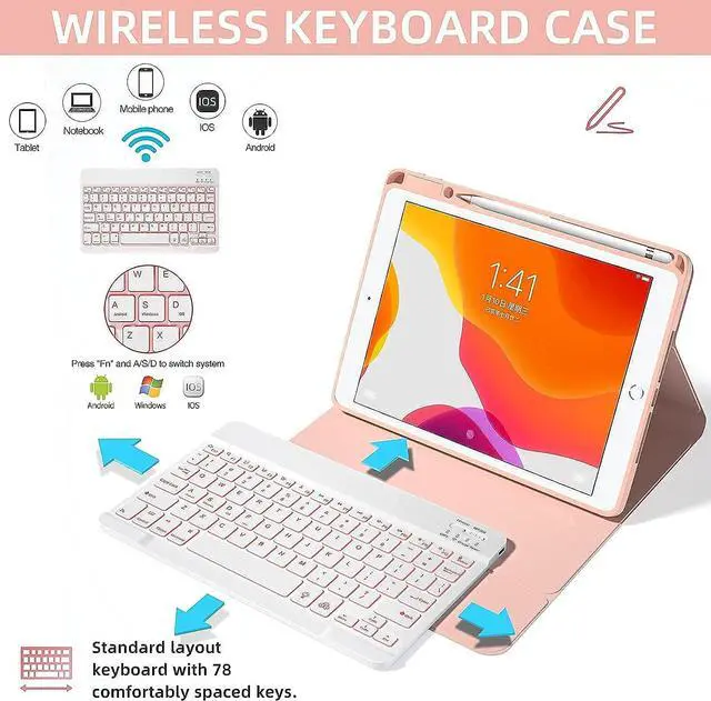 Alt view image 3 of 7 - Keyboard Case For iPad 10.2 inch 9th 8th 7th 2021/2020/2019, iPad Pro 10.5 inch/iPad Air 3 10.5, Backlit 7 Colors Wireless Detachable Keyboard with Protective Cover with Pen Holder Pink