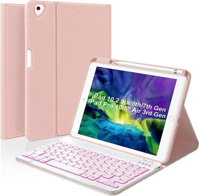 Main image of Keyboard Case For iPad 10.2 inch 9th 8th 7th 2021/2020/2019, iPad Pro 10.5 inch/iPad Air 3 10.5, Backlit 7 Colors Wireless Detachable Keyboard with Protective Cover with Pen Holder Pink