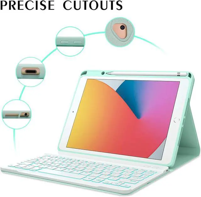 Alt view image 6 of 7 - Keyboard Case For iPad 10.2 inch 9th 8th 7th 2021/2020/2019, iPad Pro 10.5 inch/iPad Air 3 10.5, Backlit 7 Colors Wireless Detachable Keyboard with Protective Cover with Pen Holder Mint Green
