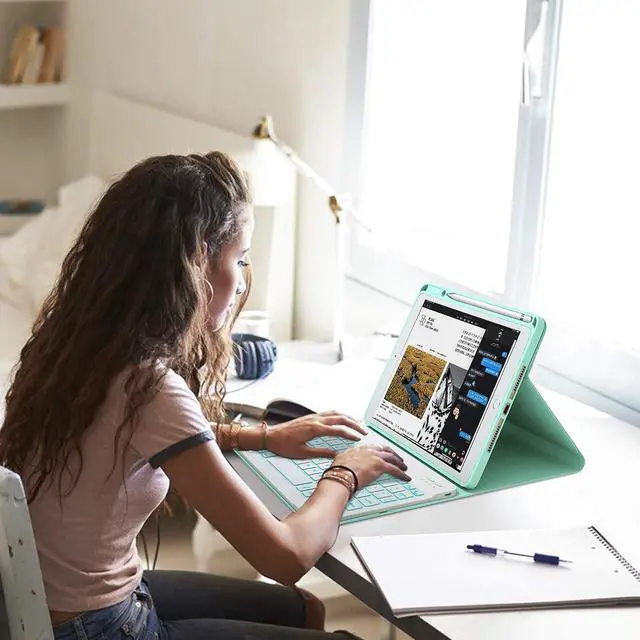 Alt view image 7 of 7 - Keyboard Case For iPad 10.2 inch 9th 8th 7th 2021/2020/2019, iPad Pro 10.5 inch/iPad Air 3 10.5, Backlit 7 Colors Wireless Detachable Keyboard with Protective Cover with Pen Holder Mint Green