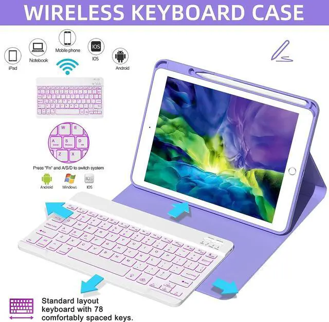 Alt view image 4 of 7 - Keyboard Case For iPad 10.2 inch 9th 8th 7th 2021/2020/2019, iPad Pro 10.5 inch/iPad Air 3 10.5, Backlit 7 Colors Wireless Detachable Keyboard with Protective Cover with Pen Holder Purple