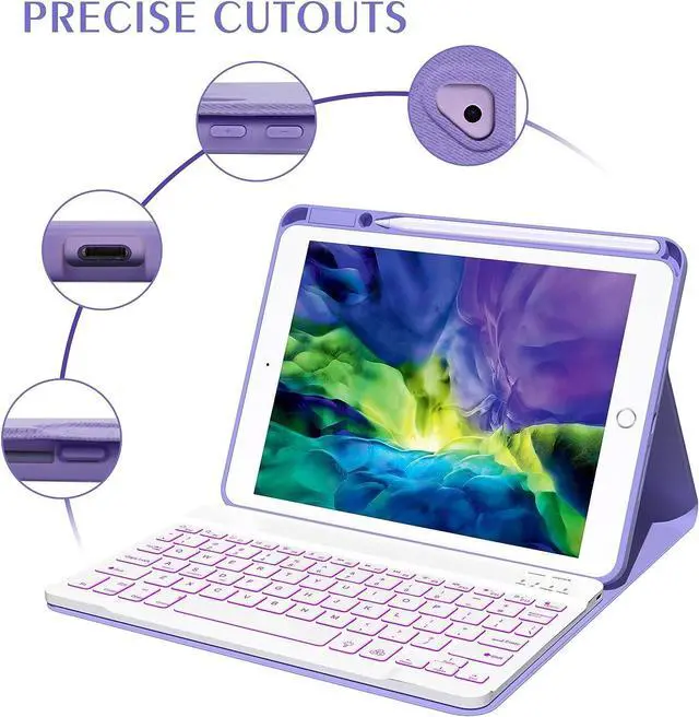 Alt view image 7 of 7 - Keyboard Case For iPad 10.2 inch 9th 8th 7th 2021/2020/2019, iPad Pro 10.5 inch/iPad Air 3 10.5, Backlit 7 Colors Wireless Detachable Keyboard with Protective Cover with Pen Holder Purple