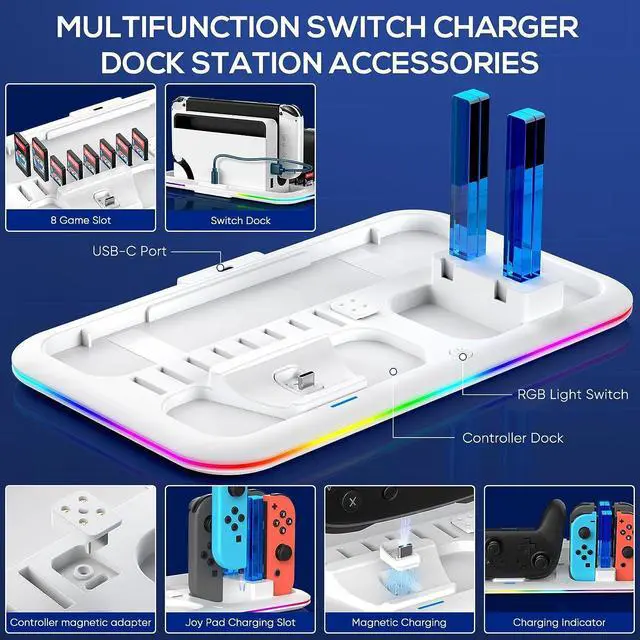Alt view image 4 of 7 - RGB Switch Controller Charger Dock Station for Nintendo Switch & OLED Model Joycon, Charging Docking Station Stand for 4 Joy Cons and Switch Pro Controller with LED Charging Indicator & 8 Game Slots