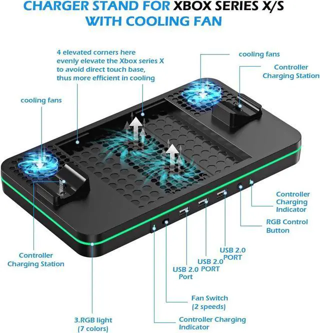 Alt view image 2 of 7 - Cooling Fan for Xbox Series X/S, Controller Charging Station with 2 X 1100 mAh Rechargeable Battery Packs, Cooling Stand Dual Controller Charging Dock with RGB LED Light, 3 USB Ports for Xbox Series X