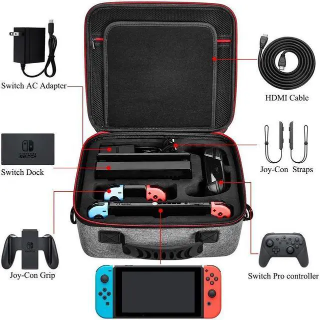 Alt view image 2 of 7 - Carrying Storage Case for Nintendo Switch and Switch OLED Model, Portable Full Protection Travel Carrying Case with 21 Game Cards Storage for Switch Console Pro Controller Accessories Gray