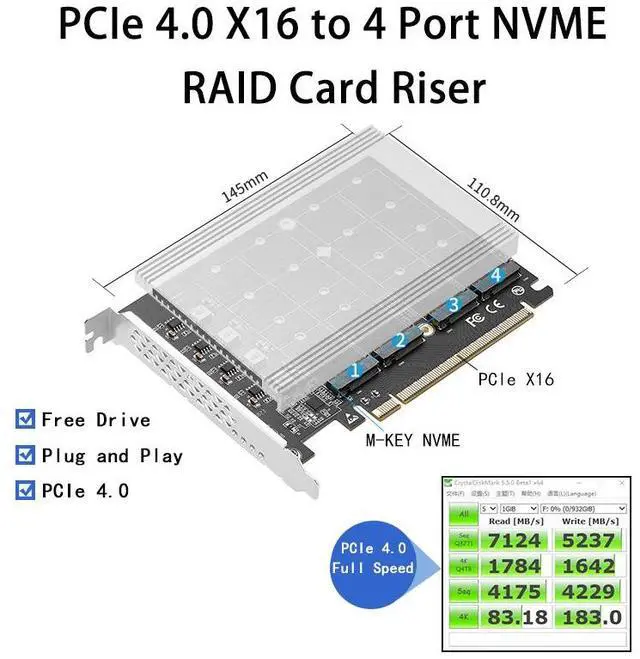 Alt view image 5 of 7 - Quad M.2 PCIe 4.0 / PCIe 3.0 X16 Expansion Card with Heatsink, Support 4 x PCIe NVME M.2 SSD, RAID-on-CPU (VROC) in Intel Platform and PCIe 4.0 RAID in AMD Platform, M/B PCIe Bifurcation is Required