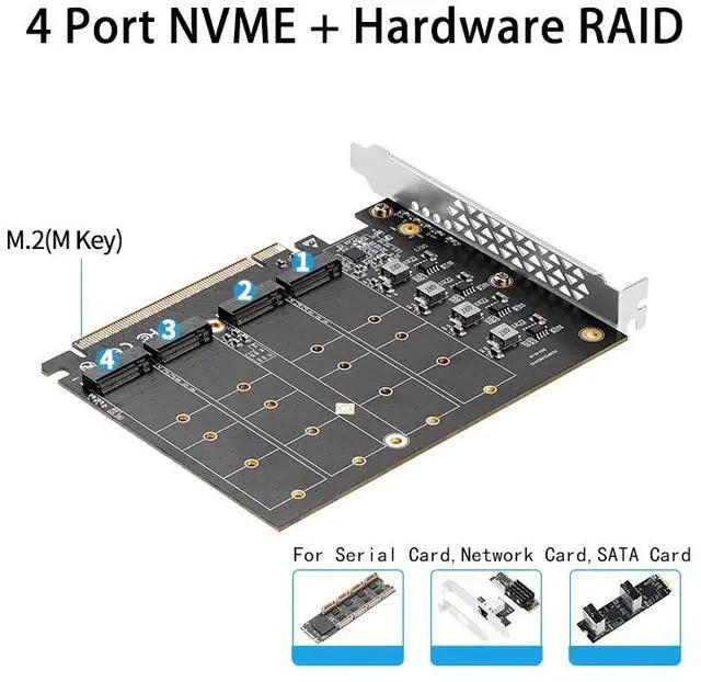 Alt view image 4 of 7 - Quad M.2 PCIe 4.0 / PCIe 3.0 X16 Expansion Card with Heatsink, Support 4 x PCIe NVME M.2 SSD, RAID-on-CPU (VROC) in Intel Platform and PCIe 4.0 RAID in AMD Platform, M/B PCIe Bifurcation is Required