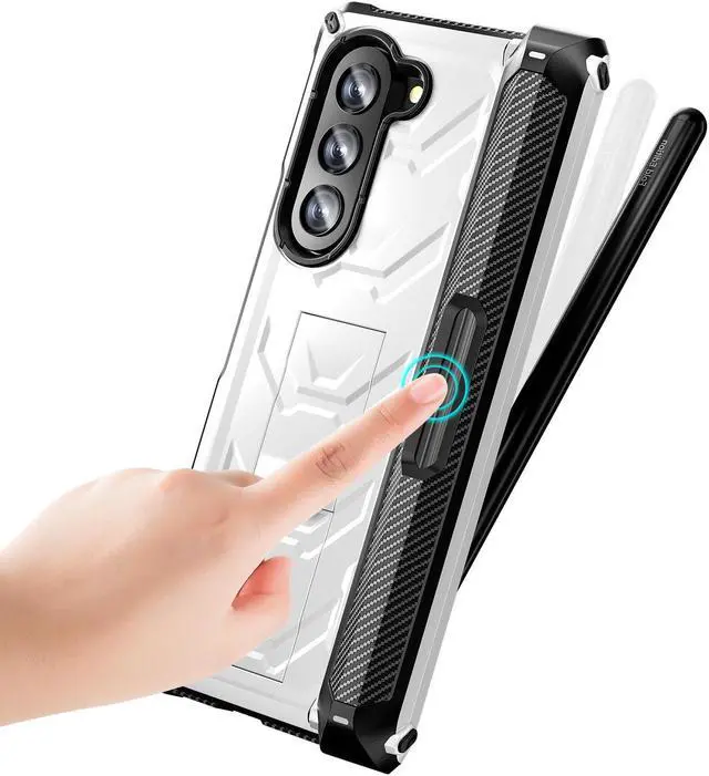 Alt view image 5 of 7 - For Samsung Galaxy Z Fold 5 Case with S Pen Holder Built-in Kickstand & Screen Protector, 360° Full-Body & Hinge Protection Rugged Heavy Duty Phone Cover for Galaxy Z Fold 5 2023 White