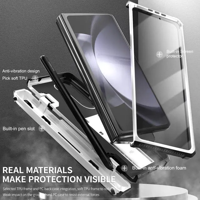 Alt view image 3 of 7 - For Samsung Galaxy Z Fold 5 Case with S Pen Holder Built-in Kickstand & Screen Protector, 360° Full-Body & Hinge Protection Rugged Heavy Duty Phone Cover for Galaxy Z Fold 5 2023 White