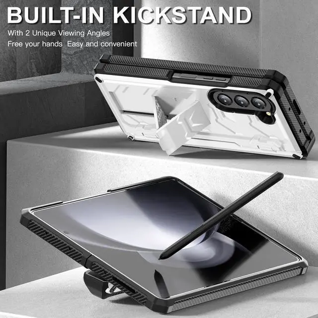 Alt view image 2 of 7 - For Samsung Galaxy Z Fold 5 Case with S Pen Holder Built-in Kickstand & Screen Protector, 360° Full-Body & Hinge Protection Rugged Heavy Duty Phone Cover for Galaxy Z Fold 5 2023 White