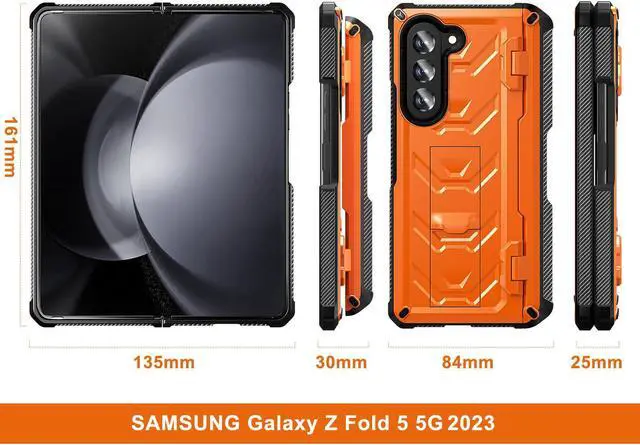 Alt view image 5 of 7 - For Samsung Galaxy Z Fold 5 Case with S Pen Holder Built-in Kickstand & Screen Protector, 360° Full-Body & Hinge Protection Rugged Heavy Duty Phone Cover for Galaxy Z Fold 5 2023 Orange