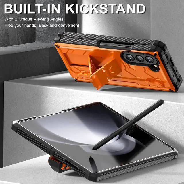 Alt view image 2 of 7 - For Samsung Galaxy Z Fold 5 Case with S Pen Holder Built-in Kickstand & Screen Protector, 360° Full-Body & Hinge Protection Rugged Heavy Duty Phone Cover for Galaxy Z Fold 5 2023 Orange