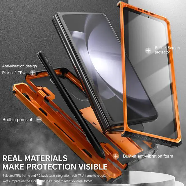Alt view image 3 of 7 - For Samsung Galaxy Z Fold 5 Case with S Pen Holder Built-in Kickstand & Screen Protector, 360° Full-Body & Hinge Protection Rugged Heavy Duty Phone Cover for Galaxy Z Fold 5 2023 Orange