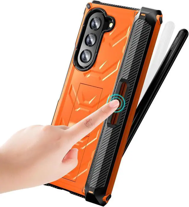 Alt view image 6 of 7 - For Samsung Galaxy Z Fold 5 Case with S Pen Holder Built-in Kickstand & Screen Protector, 360° Full-Body & Hinge Protection Rugged Heavy Duty Phone Cover for Galaxy Z Fold 5 2023 Orange