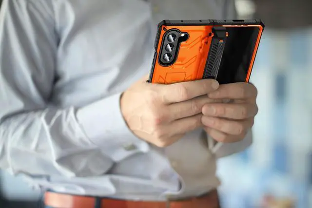 Alt view image 7 of 7 - For Samsung Galaxy Z Fold 5 Case with S Pen Holder Built-in Kickstand & Screen Protector, 360° Full-Body & Hinge Protection Rugged Heavy Duty Phone Cover for Galaxy Z Fold 5 2023 Orange