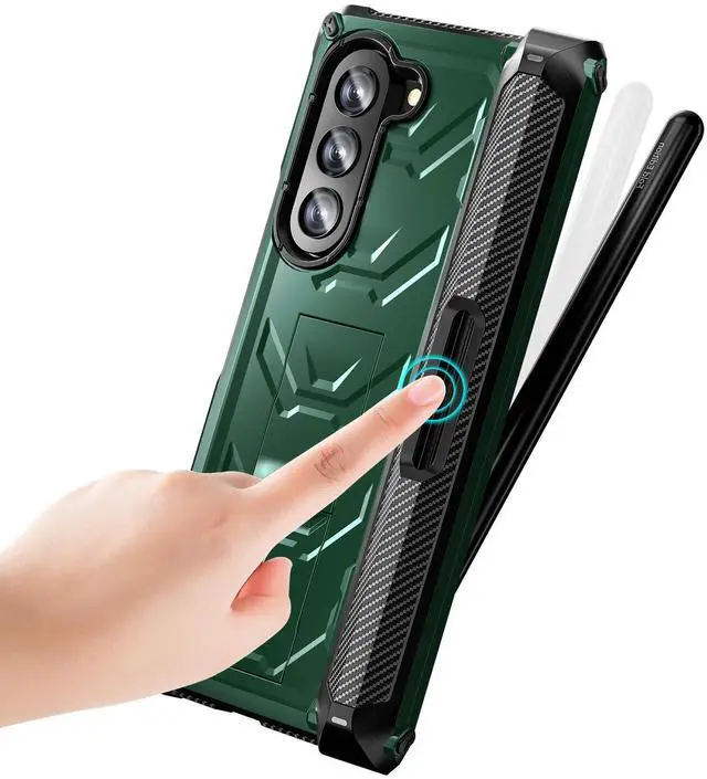 Alt view image 6 of 7 - For Samsung Galaxy Z Fold 5 Case with S Pen Holder Built-in Kickstand & Screen Protector, 360° Full-Body & Hinge Protection Rugged Heavy Duty Phone Cover for Galaxy Z Fold 5 2023 Green
