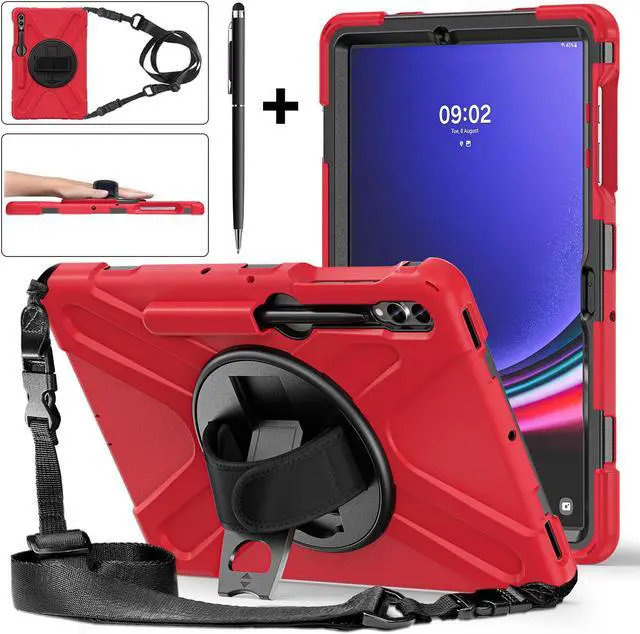 Main image of Protective Case for Samsung Galaxy Tab S9 Plus 2023 / S8 Plus 2022 / S7 FE 2021 / S7 Plus 2020 12.4 inch Tablet Shockproof Cover with 360 Degree Rotating Kickstand, Hand/Shoulder Strap Red