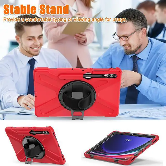 Alt view image 4 of 7 - Protective Case for Samsung Galaxy Tab S9 Plus 2023 / S8 Plus 2022 / S7 FE 2021 / S7 Plus 2020 12.4 inch Tablet Shockproof Cover with 360 Degree Rotating Kickstand, Hand/Shoulder Strap Red