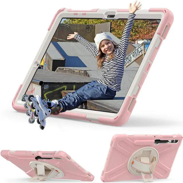 Alt view image 4 of 7 - Protective Case for Samsung Galaxy Tab S9 Plus 2023 / S8 Plus 2022 / S7 FE 2021 / S7 Plus 2020 12.4 inch Tablet Shockproof Cover with 360 Degree Rotating Kickstand, Hand/Shoulder Strap Pink