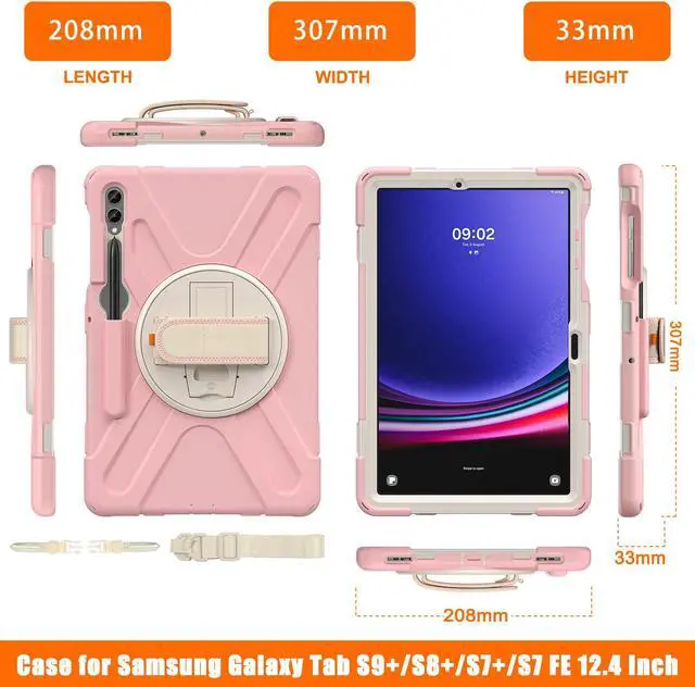 Alt view image 5 of 7 - Protective Case for Samsung Galaxy Tab S9 Plus 2023 / S8 Plus 2022 / S7 FE 2021 / S7 Plus 2020 12.4 inch Tablet Shockproof Cover with 360 Degree Rotating Kickstand, Hand/Shoulder Strap Pink