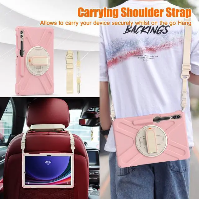 Alt view image 6 of 7 - Protective Case for Samsung Galaxy Tab S9 Plus 2023 / S8 Plus 2022 / S7 FE 2021 / S7 Plus 2020 12.4 inch Tablet Shockproof Cover with 360 Degree Rotating Kickstand, Hand/Shoulder Strap Pink