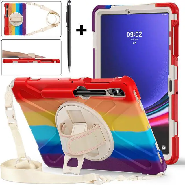 Main image of Protective Case for Samsung Galaxy Tab S9 Plus 2023 / S8 Plus 2022 / S7 FE 2021 / S7 Plus 2020 12.4 inch Tablet Shockproof Cover with 360 Degree Rotating Kickstand, Hand/Shoulder Strap Rainbow Red
