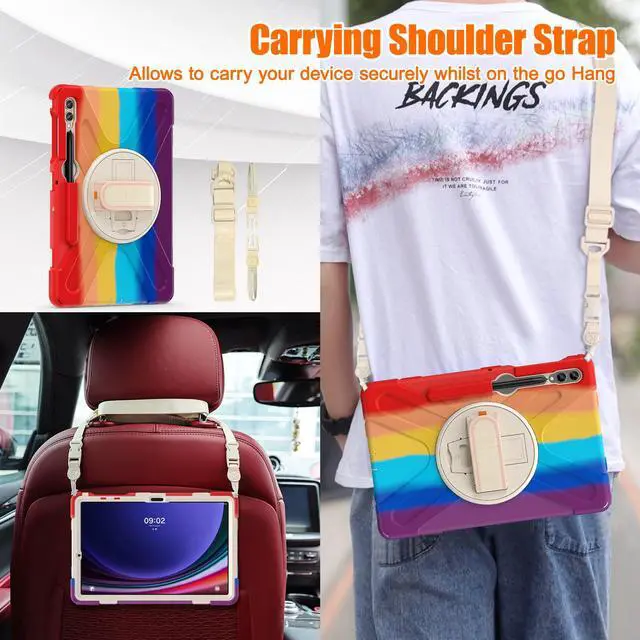 Alt view image 5 of 7 - Protective Case for Samsung Galaxy Tab S9 Plus 2023 / S8 Plus 2022 / S7 FE 2021 / S7 Plus 2020 12.4 inch Tablet Shockproof Cover with 360 Degree Rotating Kickstand, Hand/Shoulder Strap Rainbow Red