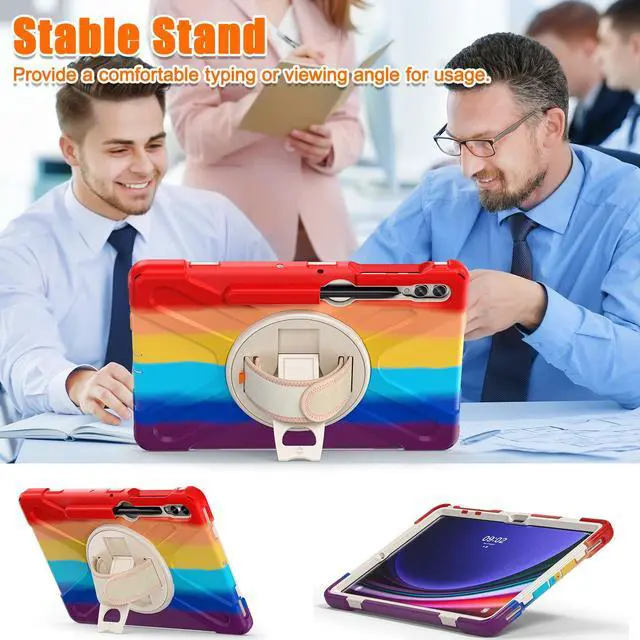 Alt view image 4 of 7 - Protective Case for Samsung Galaxy Tab S9 Plus 2023 / S8 Plus 2022 / S7 FE 2021 / S7 Plus 2020 12.4 inch Tablet Shockproof Cover with 360 Degree Rotating Kickstand, Hand/Shoulder Strap Rainbow Red