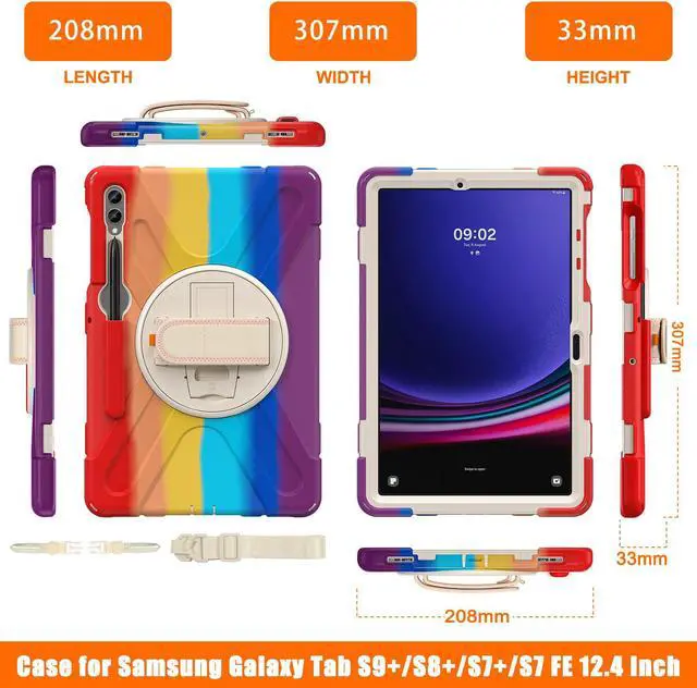 Alt view image 6 of 7 - Protective Case for Samsung Galaxy Tab S9 Plus 2023 / S8 Plus 2022 / S7 FE 2021 / S7 Plus 2020 12.4 inch Tablet Shockproof Cover with 360 Degree Rotating Kickstand, Hand/Shoulder Strap Rainbow Red