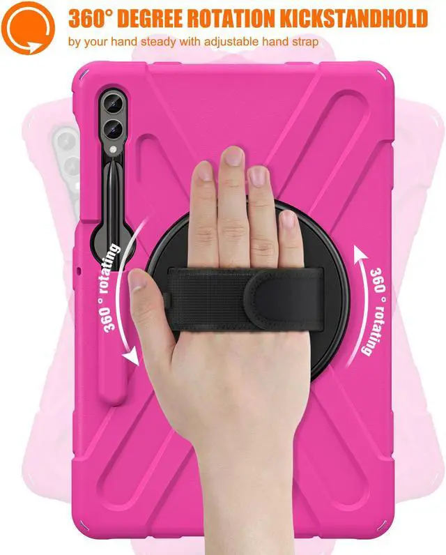 Alt view image 3 of 7 - Protective Case for Samsung Galaxy Tab S9 Plus 2023 / S8 Plus 2022 / S7 FE 2021 / S7 Plus 2020 12.4 inch Tablet Shockproof Cover with 360 Degree Rotating Kickstand, Hand/Shoulder Strap Rose Red