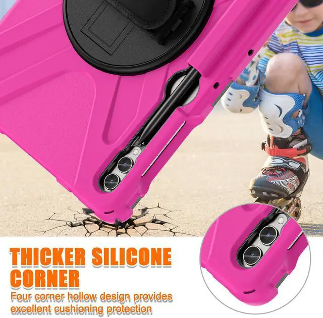Alt view image 2 of 7 - Protective Case for Samsung Galaxy Tab S9 Plus 2023 / S8 Plus 2022 / S7 FE 2021 / S7 Plus 2020 12.4 inch Tablet Shockproof Cover with 360 Degree Rotating Kickstand, Hand/Shoulder Strap Rose Red