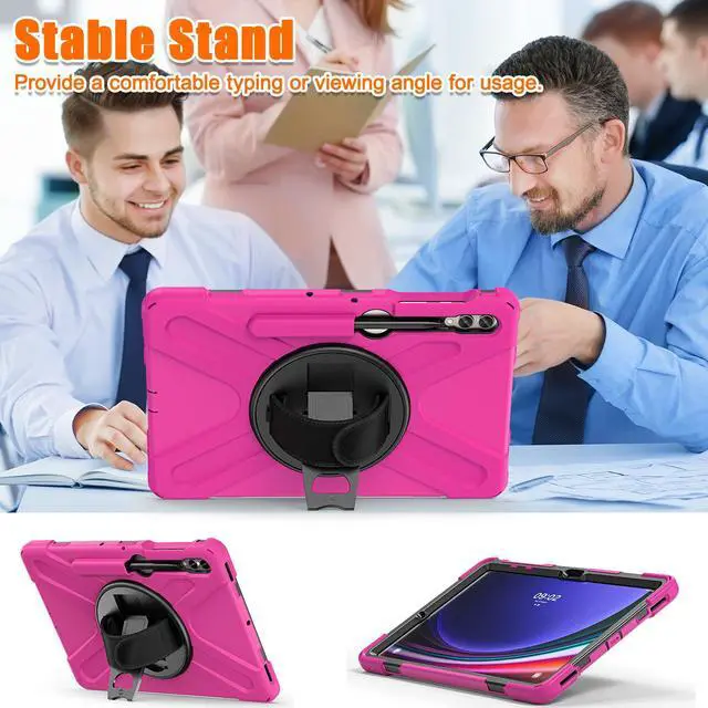 Alt view image 4 of 7 - Protective Case for Samsung Galaxy Tab S9 Plus 2023 / S8 Plus 2022 / S7 FE 2021 / S7 Plus 2020 12.4 inch Tablet Shockproof Cover with 360 Degree Rotating Kickstand, Hand/Shoulder Strap Rose Red