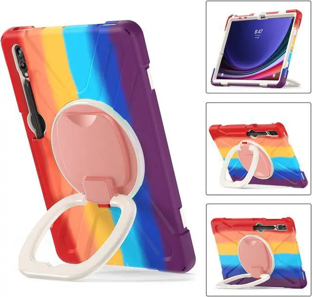 Alt view image 2 of 7 - Case for Samsung Galaxy Tab S9 Plus 2023 / S8 Plus 2022 / S7 FE 2021 / S7 Plus 2020 12.4 inch Protective Shockproof Cover with 360 Degree Rotating Kickstand, Hand/Shoulder Strap Rainbow Red