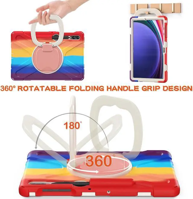 Alt view image 3 of 7 - Case for Samsung Galaxy Tab S9 Plus 2023 / S8 Plus 2022 / S7 FE 2021 / S7 Plus 2020 12.4 inch Protective Shockproof Cover with 360 Degree Rotating Kickstand, Hand/Shoulder Strap Rainbow Red