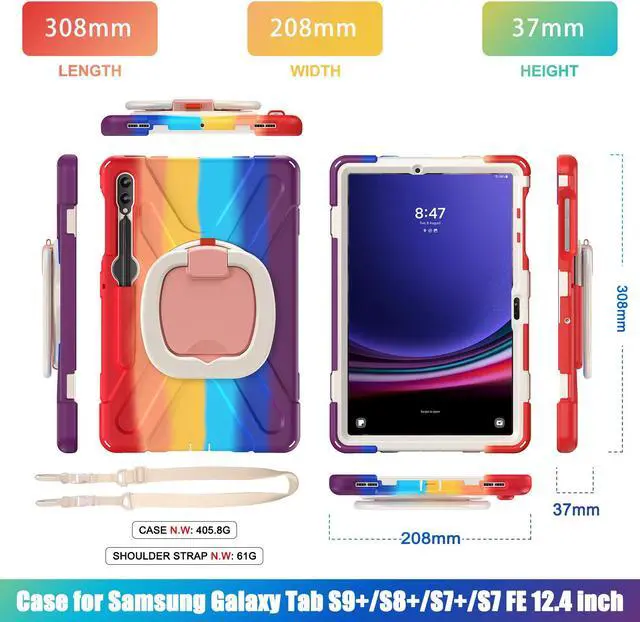Alt view image 5 of 7 - Case for Samsung Galaxy Tab S9 Plus 2023 / S8 Plus 2022 / S7 FE 2021 / S7 Plus 2020 12.4 inch Protective Shockproof Cover with 360 Degree Rotating Kickstand, Hand/Shoulder Strap Rainbow Red