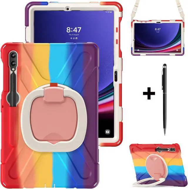 Main image of Case for Samsung Galaxy Tab S9 Plus 2023 / S8 Plus 2022 / S7 FE 2021 / S7 Plus 2020 12.4 inch Protective Shockproof Cover with 360 Degree Rotating Kickstand, Hand/Shoulder Strap Rainbow Red