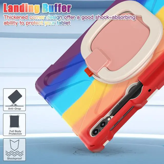 Alt view image 4 of 7 - Case for Samsung Galaxy Tab S9 Plus 2023 / S8 Plus 2022 / S7 FE 2021 / S7 Plus 2020 12.4 inch Protective Shockproof Cover with 360 Degree Rotating Kickstand, Hand/Shoulder Strap Rainbow Red