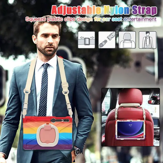 Alt view image 7 of 7 - Case for Samsung Galaxy Tab S9 Plus 2023 / S8 Plus 2022 / S7 FE 2021 / S7 Plus 2020 12.4 inch Protective Shockproof Cover with 360 Degree Rotating Kickstand, Hand/Shoulder Strap Rainbow Red