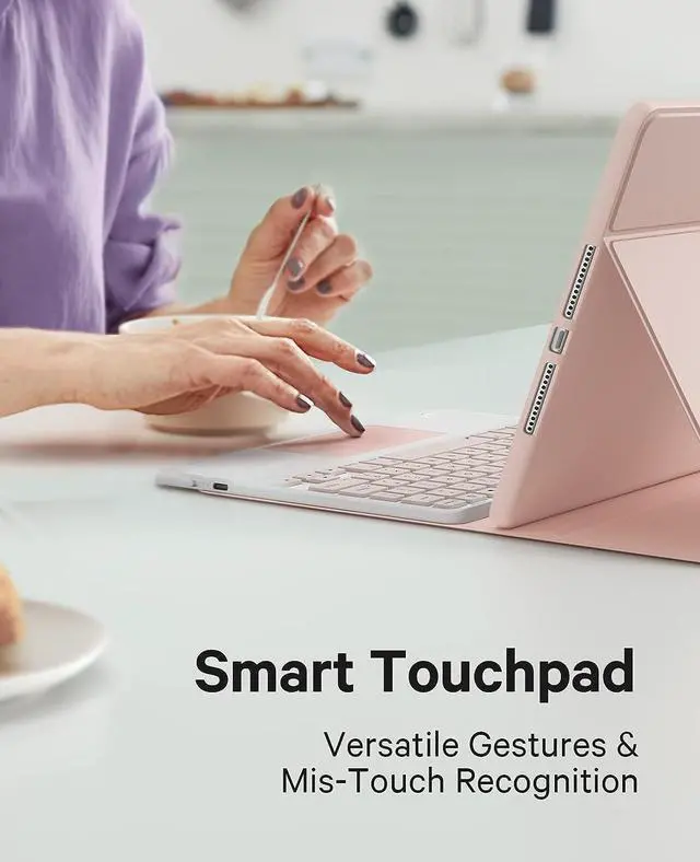Alt view image 4 of 6 - Touchpad Keyboard Case for iPad 2017 2018 5th 6th Generation, 9.7 Inch iPad Air 2 / Air 1, Smart Stand Cover with Detachable Wireless Magnetic Keyboard, Pencil Holder Pink