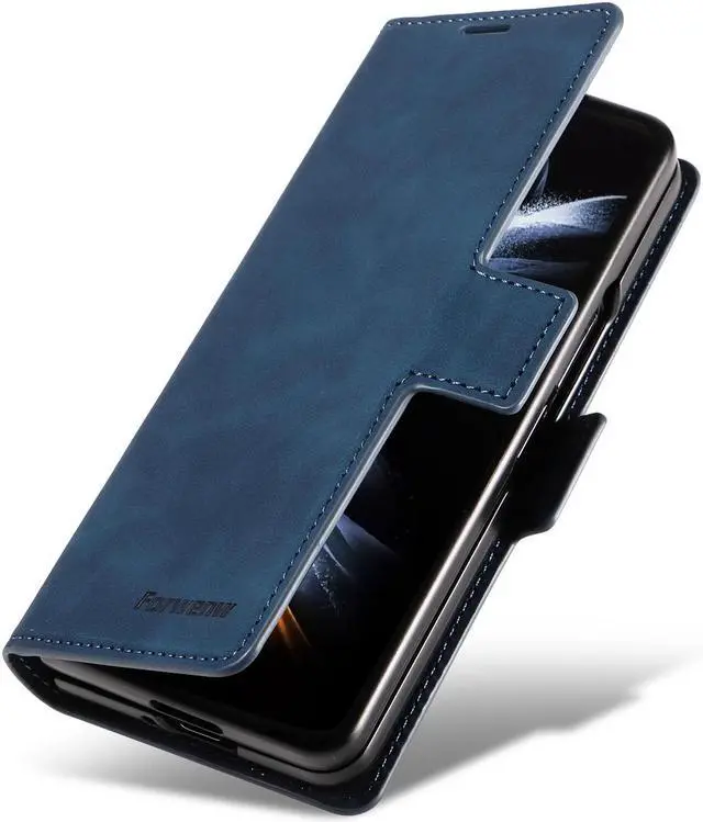 Alt view image 5 of 7 - For Samsung Galaxy Galaxy Z Fold 5 Case, Premium PU Leather Cover TPU Bumper with Card Holder Kickstand Hidden Magnetic Shockproof Flip Wallet Case for Galaxy Z Fold 5 5G 2023 Released Blue