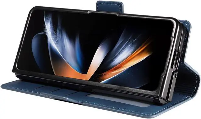 Alt view image 2 of 7 - For Samsung Galaxy Galaxy Z Fold 5 Case, Premium PU Leather Cover TPU Bumper with Card Holder Kickstand Hidden Magnetic Shockproof Flip Wallet Case for Galaxy Z Fold 5 5G 2023 Released Blue