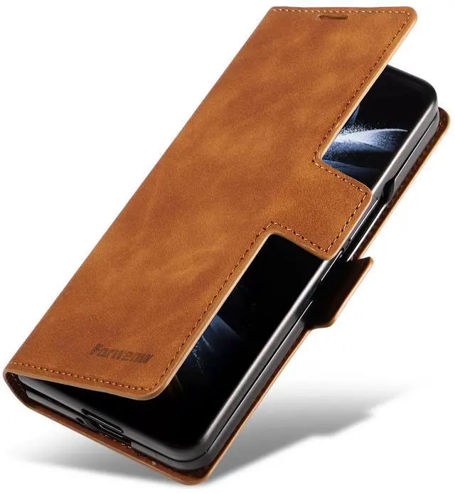 Alt view image 5 of 7 - For Samsung Galaxy Galaxy Z Fold 5 Case, Premium PU Leather Cover TPU Bumper with Card Holder Kickstand Hidden Magnetic Shockproof Flip Wallet Case for Galaxy Z Fold 5 5G 2023 Released Orange