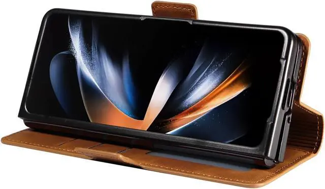 Alt view image 2 of 7 - For Samsung Galaxy Galaxy Z Fold 5 Case, Premium PU Leather Cover TPU Bumper with Card Holder Kickstand Hidden Magnetic Shockproof Flip Wallet Case for Galaxy Z Fold 5 5G 2023 Released Orange