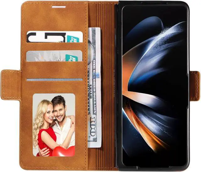 Alt view image 3 of 7 - For Samsung Galaxy Galaxy Z Fold 5 Case, Premium PU Leather Cover TPU Bumper with Card Holder Kickstand Hidden Magnetic Shockproof Flip Wallet Case for Galaxy Z Fold 5 5G 2023 Released Orange