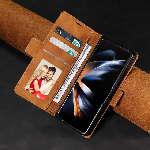 Alt view image 6 of 7 - For Samsung Galaxy Galaxy Z Fold 5 Case, Premium PU Leather Cover TPU Bumper with Card Holder Kickstand Hidden Magnetic Shockproof Flip Wallet Case for Galaxy Z Fold 5 5G 2023 Released Orange