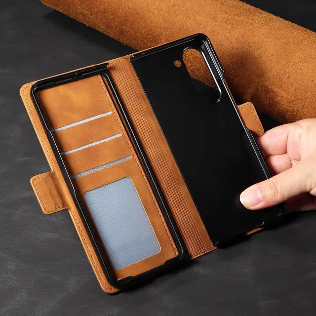 Alt view image 7 of 7 - For Samsung Galaxy Galaxy Z Fold 5 Case, Premium PU Leather Cover TPU Bumper with Card Holder Kickstand Hidden Magnetic Shockproof Flip Wallet Case for Galaxy Z Fold 5 5G 2023 Released Orange