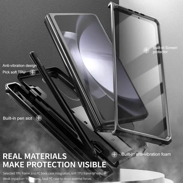 Alt view image 5 of 7 - Case for Samsung Galaxy Z Fold 5 5G 2023, Military-Grade Full-Body Shockproof Phone Cover Rugged Bumper Case with Built-in Screen Protector & Kickstand & S Pen Slot